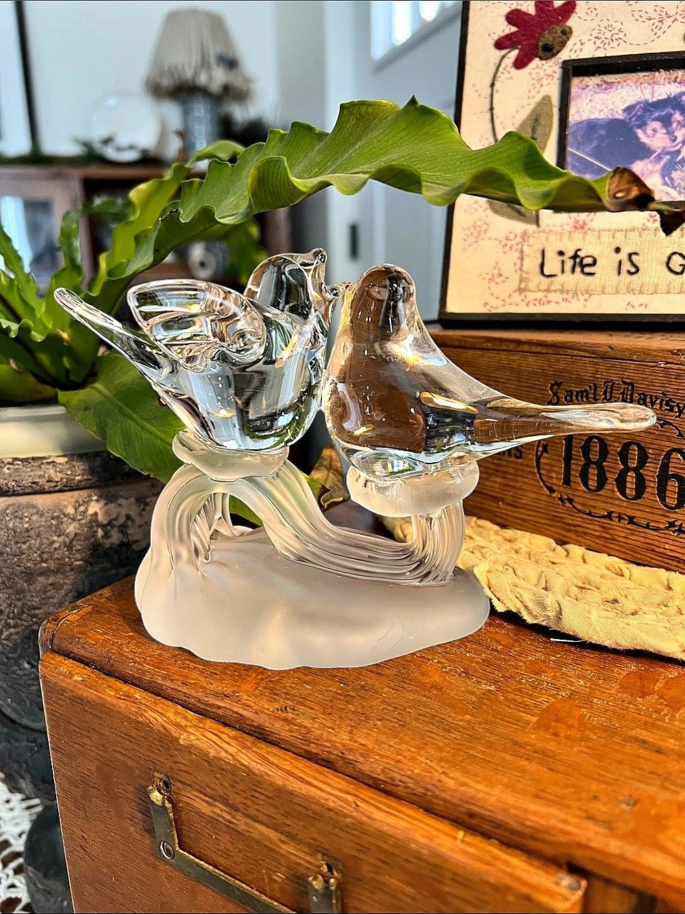 Lalique 2 Lovebirds Small Sculpture Glass Art Clear & White